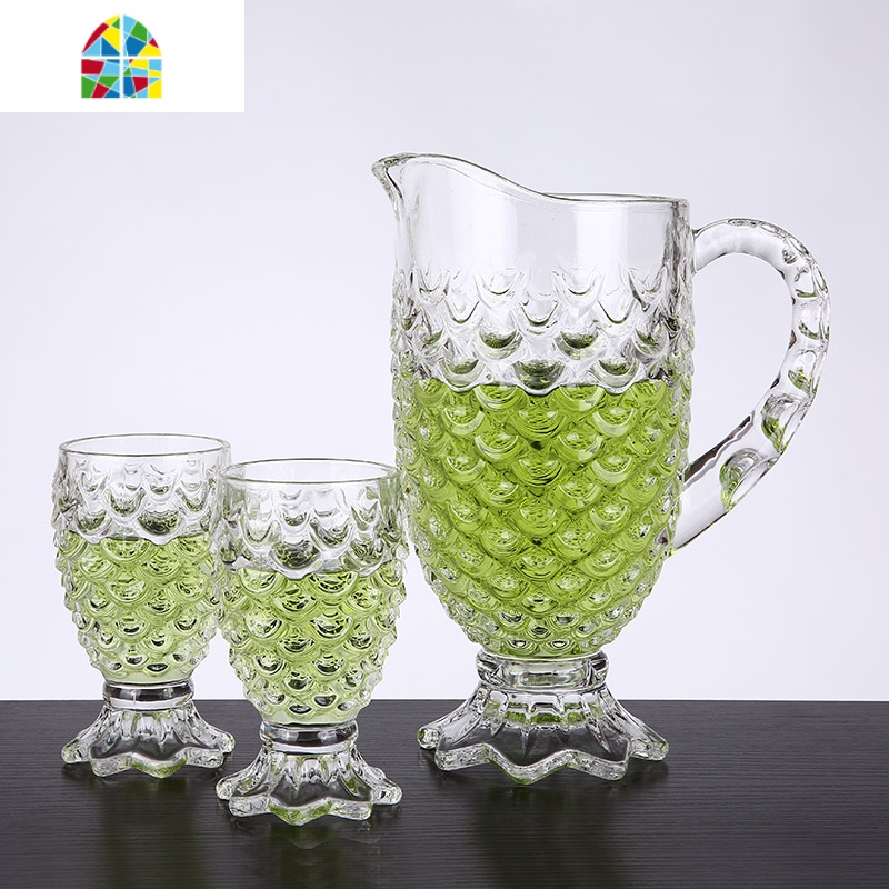 创意鱼鳞玻璃水杯果汁杯凉冷水壶扎壶五七件套装家用西餐厅 FENGHOU 六杯一壶+长方形托盘凉水壶