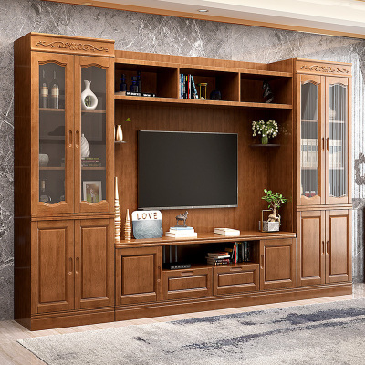 中式实木电视柜背景墙柜 客厅电视机柜子组合墙柜 多功能收纳柜储物柜