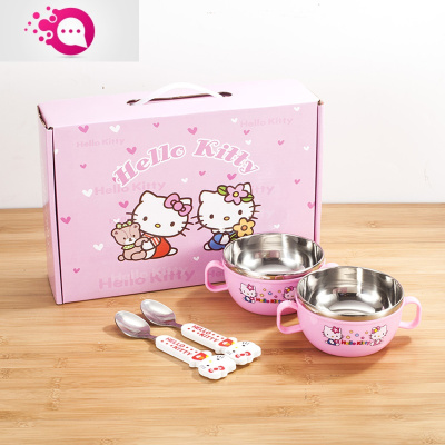 敬平婴幼儿童不锈钢辅食碗勺叉杯筷组合套装防摔防烫卡通宝宝饭碗餐具粉色2碗2勺