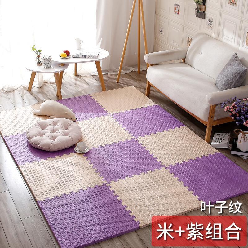 泡沫地垫家用隔音海绵铺地板垫子拼接爬爬卧室儿童爬行垫拼图防摔 米+紫 60*60*1.0cm十字纹[8片]送边条