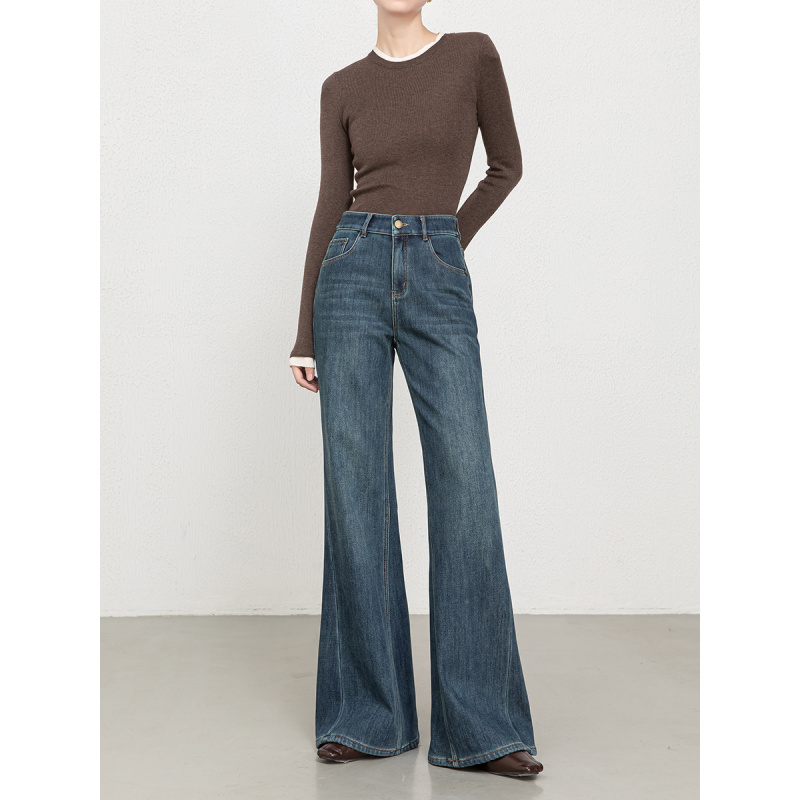 025年冬季加绒加厚牛仔喇叭裤女复古高腰四面弹筒喇长裤