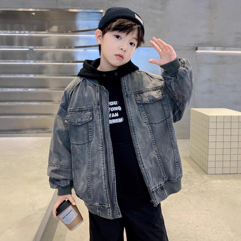 男童夹棉外套秋冬款新款男孩加厚冬季儿童冬装痞帅牛仔棉服潮