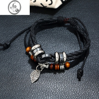 JiMi树叶子手链男女个性复古多层手工编织皮革手环简约学生情侣手饰品