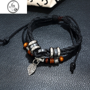 JiMi树叶子手链男女个性复古多层手工编织皮革手环简约学生情侣手饰品