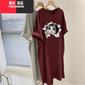 YIBUSHENG中长款过膝白色短袖连衣裙女2024新款洋气宽松开叉t恤裙子