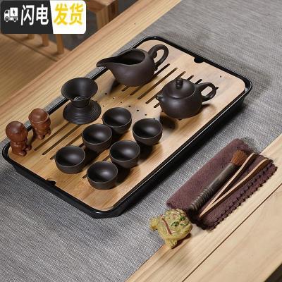 三维工匠茶盘茶海竹制储水日式客厅功夫茶具现代家用简约托盘大号茶台套装 10头黑紫砂壶密胺黑大长方套组 17件
