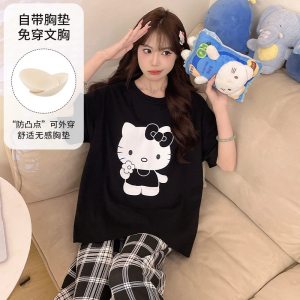 三件套自带胸垫睡衣女短袖长裤卡通可爱ins风短裤女家居服可外穿