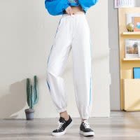 [2.5折价67元]唐狮春新款休闲裤女宽松束脚运动裤白色侧边条纹卫裤哈伦裤子