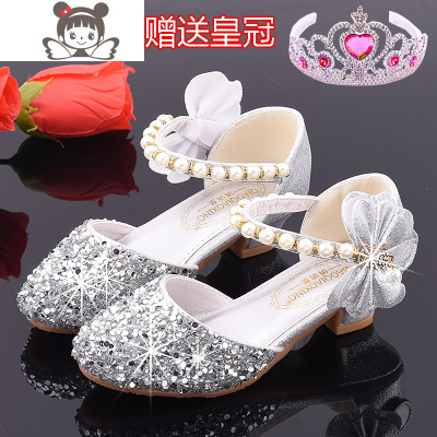 可莉允女童单鞋高跟公主鞋2019春款儿童皮鞋舞台演出配礼服裙银色水晶鞋皮鞋童