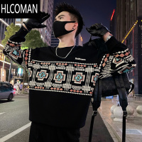 HLCOMAN民族风印花卫衣男长袖体恤t痞帅男装上衣T恤2024新款秋季外套