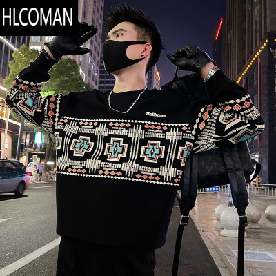 HLCOMAN民族风印花卫衣男长袖体恤t痞帅男装上衣T恤2024新款秋季外套
