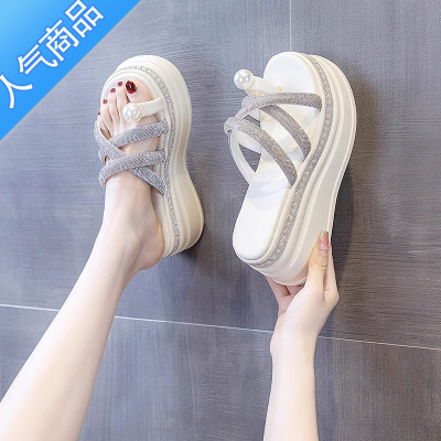 SUNTEK厚底水钻凉拖鞋女士夏季外穿2023年新款松糕沙滩内增高跟网红超火