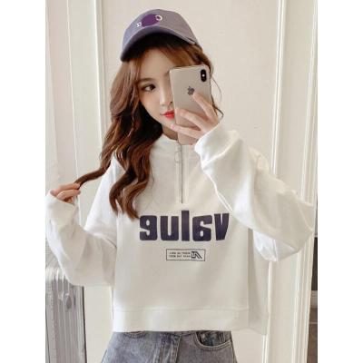 珂卡慕(KEKAMU)春季新款韩版洋气印花短款套头上衣外套长袖卫衣女潮白色S