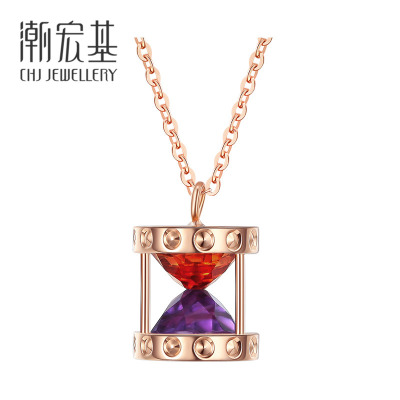 潮宏基爱情沙漏红18k金黄水晶紫水晶项链玫瑰金坠链套链女士FQ约2.5g，链长约42cm