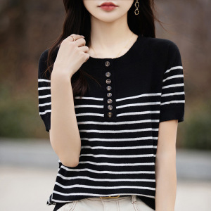 夏季时尚韩版宽松条纹短袖T恤女撞色l圆领针织半袖女士上衣