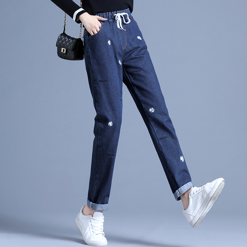 班俏banqiao松紧腰牛仔裤女2020新款宽松韩版高腰秋季休闲学生哈伦大