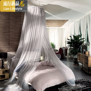 ins床幔家用免安装宫廷吊顶蚊帐公主风网红圆密灰色粉色吊帐 三维工匠