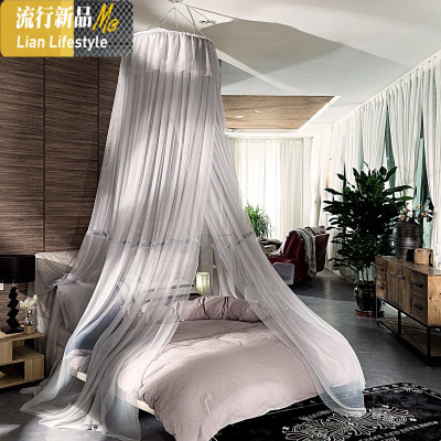 ins床幔家用免安装宫廷吊顶蚊帐公主风网红圆密灰色粉色吊帐 三维工匠