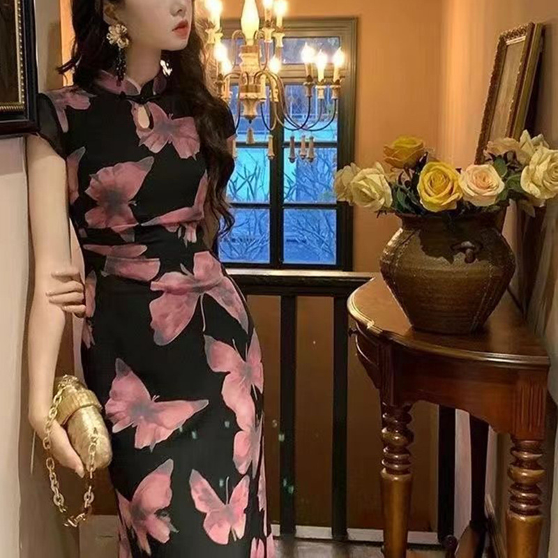 国风新中式改良夏季旗袍蝴蝶印花连衣裙复古气质新款短袖长裙子潮