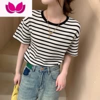 七斓条纹短袖t恤女夏季2023年新款设计感小众圆领宽松显瘦华夫格上衣