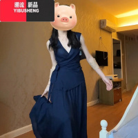 YIBUSHENG法式气质v领无袖背心连衣裙子女季2024新款小个子蓝色套装长裙