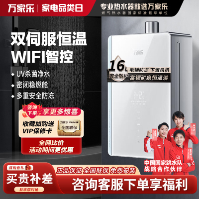 万家乐 16升燃气热水器J6H1 双芯伺服恒温 UV杀菌净水 一级静音下置风机密闭稳燃玻璃面板