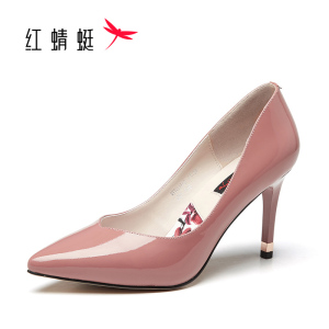 红蜻蜓高跟鞋春季牛皮透气尖头浅口细跟高跟鞋女性感漆皮夜店女鞋百搭OL职业工作单鞋