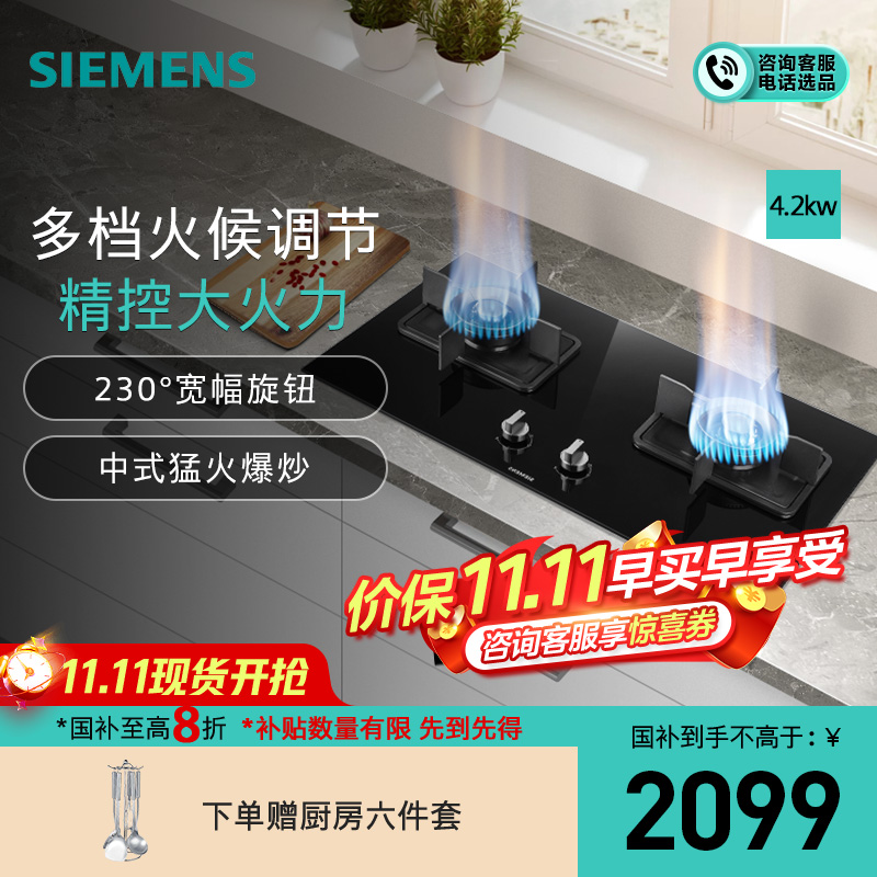 西门子 4.2kw 燃气灶 嵌入式天然气灶具 台式双灶 玻璃面板 一级能效 ER8MF233MP
