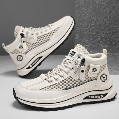 男士2025新款夏季透气网面休闲高帮厚底运动时尚百搭男款韩版潮鞋