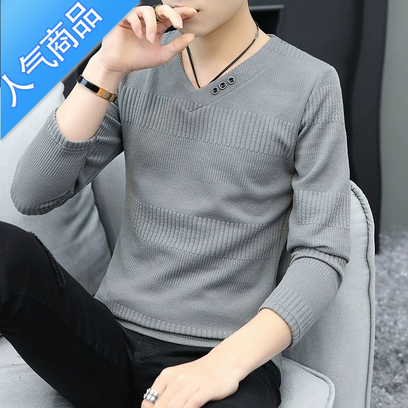 喻娄春秋季男士长袖t恤潮流上衣服V领加绒卫衣打底衫秋衣外穿男装夏装T恤