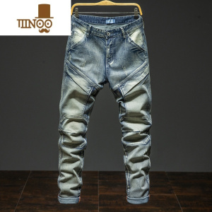 YANXU美式复古黄泥染多口袋工装牛仔裤男拼接大码潮胖子百搭弹力长裤子