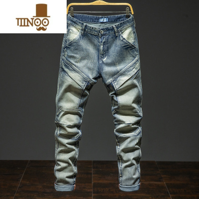 YANXU美式复古黄泥染多口袋工装牛仔裤男拼接大码潮胖子百搭弹力长裤子