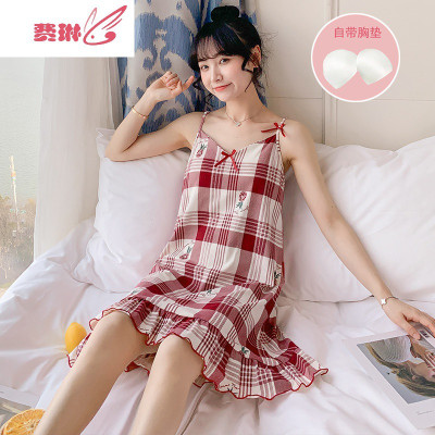 2020新款睡裙女夏带胸垫可外穿学生可爱吊带睡衣裙子薄家居服费琳