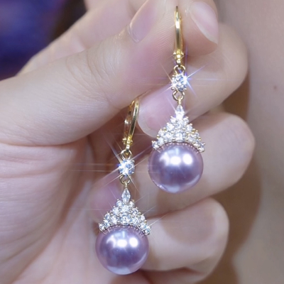 法式秋冬新款紫色流苏耳坠轻奢镶钻紫珍珠耳环紫气东来耳扣耳饰女送女朋友老婆情人节七夕生日礼物