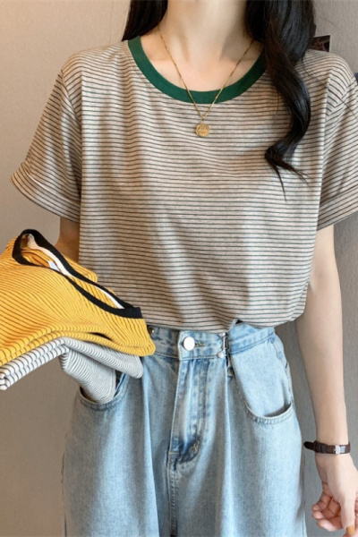 休闲打底衫上衣女修身短袖T恤女夏条纹韩版学生圆领女装