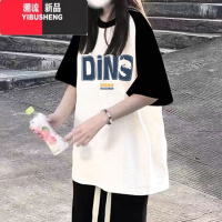 YIBUSHENG拼色短袖t恤女季新款黑白色插肩袖宽松显瘦学生小个子上衣