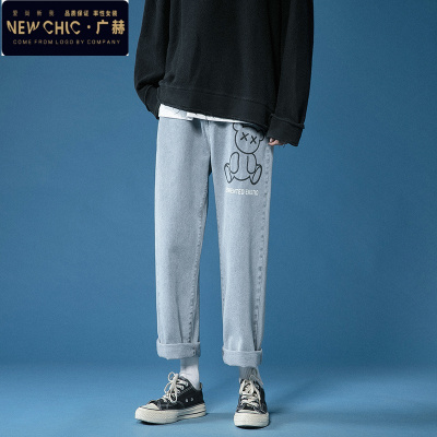 广赫学生港味牛仔裤女chic直筒宽松复古卡通裤子春显瘦百搭盐系阔腿裤牛仔裤