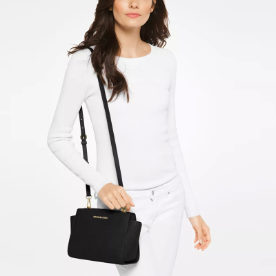 MICHAELKORS迈克·科尔斯单肩包女MK女包女士包包SELMA系列女士黑色牛皮中号硬质感拉链单肩斜挎包黑色