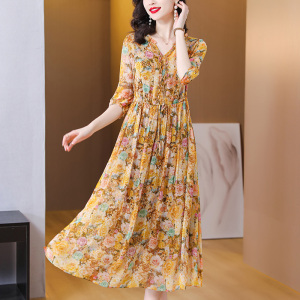 杭州印花真丝连衣裙桑蚕丝2024夏季新款中年妈妈气质显瘦