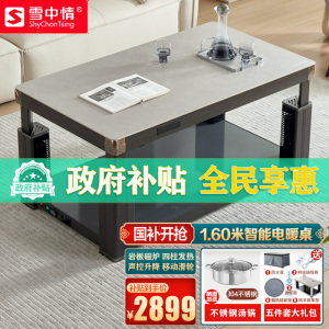 雪中情新款电暖桌取暖桌肌肤灰岩板160*80CM磁炉语音平移电暖炉取暖升降茶几家用多功能取暖餐桌烤火桌电炉桌电炉子茶几