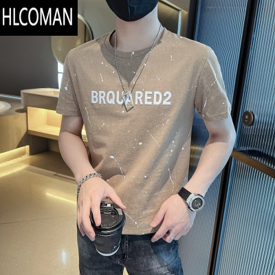HLCOMAN短袖t恤男士夏季2025新款潮牌ins泼墨修身圆领半袖男装体恤上衣服