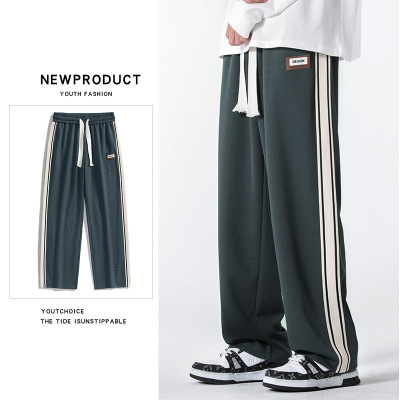 休闲裤男春季复古垂感侧边条拼接宽松直筒裤子潮流运动长裤男_1