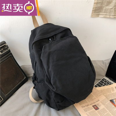 NEWLAKE休闲日系帆布双肩背包包女2021新款潮大学生大容量男简约百搭书包黑色双肩背包