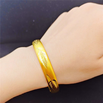 新款仿真沙金一夜暴富手镯女雕花叶子镀金哑光开口手环假黄金镯子送女朋友老婆情人节七夕生日礼物