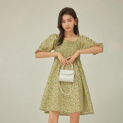 OtherMix小雏菊碎花连衣裙2021年夏季新款泡泡袖高腰一字领女裙子牛油果绿现货均码
