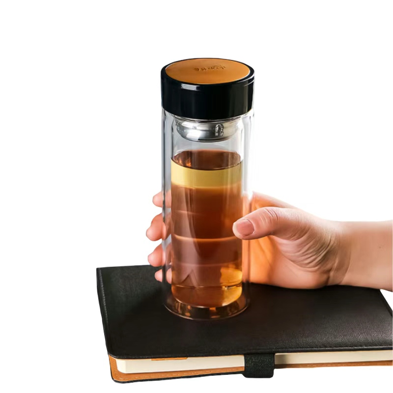 小居仕双层玻璃杯黑盖金盖可选防烫防爆便携水杯家用办公车载茶杯耐高温大容量冷热两用商务杯