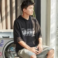 [2.5折价71元]唐狮夏季新款青少连帽半袖卫衣男休闲宽松黑色上衣薄款潮牌