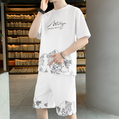 蓝缕金(LANLVJIN)短袖t恤男士潮牌宽松夏季百搭2021新款青少年圆领休闲套装男学生时尚潮流半袖冰丝两件套衣服