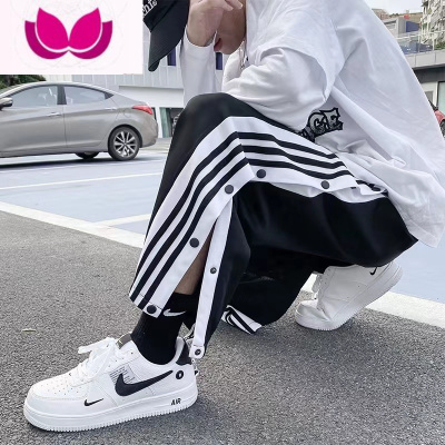 七斓排扣裤男高街ins潮流夏季薄款全开扣阔腿运动裤宽松直筒纽扣裤子