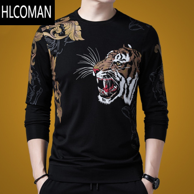 HLCOMAN2024新款长袖t恤男圆领卫衣加绒加厚体恤打底衫男装上衣